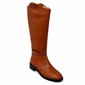 Arezzo Women’s Tall Leather Riding Boots Caramel , Gold Buckle Detail , NEW